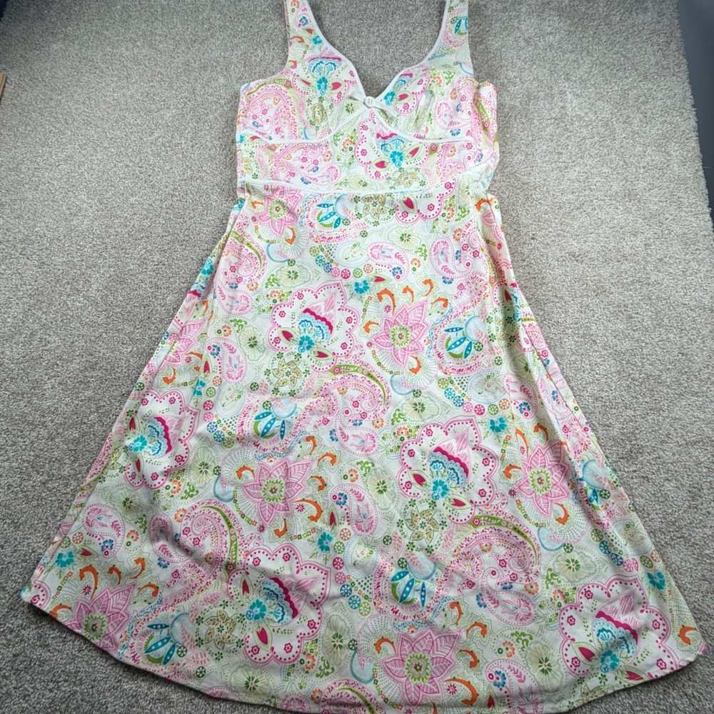 Karin Stevens Pink Green Paisley Floral Cotton Smocked‎ Back Midi Sundress 12